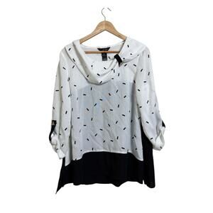 Ali Miles Women's Black White Confetti Cowl Neck Tunic Blouse Size Medium